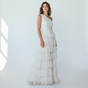 Mac Duggal White And Gold Polka Dot One Shoulder Tiered Dress  Size 0‎